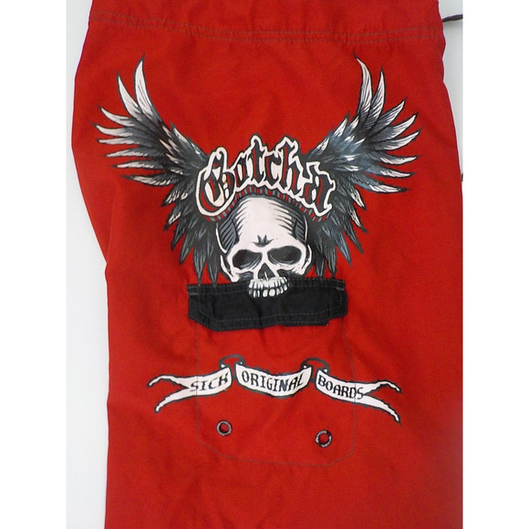 Vintage Gotcha Red Surf Swim Board Shorts Men Size 36 Skull Angel Print - Picture 10 of 13